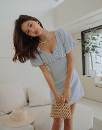 Vigorous Back-Slit Tie-Strap Hollow Waist Puff Sleeve Mini Dress