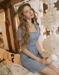 Embroidered Square Neck Lace Mini Dress