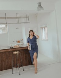 Voguish Curvy Side Ruched Slit Maxi Dress