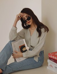 Textured Crinkled V-Necked Side-Drawstring Blouse Shirt