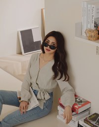 Textured Crinkled V-Necked Side-Drawstring Blouse Shirt