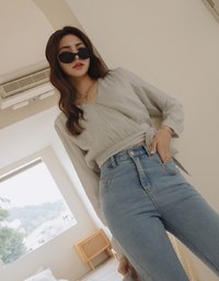 Textured Crinkled V-Necked Side-Drawstring Blouse Shirt