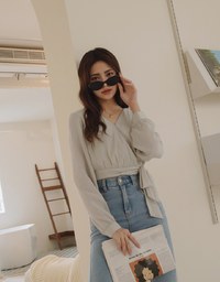 Textured Crinkled V-Necked Side-Drawstring Blouse Shirt