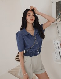 Button Front Cinched Waist Denim Jeans Crop Top
