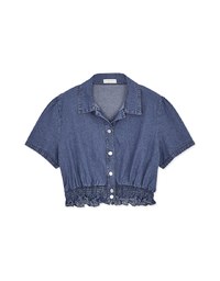 Button Front Cinched Waist Denim Jeans Crop Top