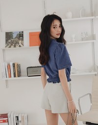 Button Front Cinched Waist Denim Jeans Crop Top