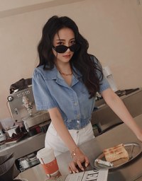 Button Front Cinched Waist Denim Jeans Crop Top