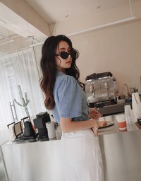 Button Front Cinched Waist Denim Jeans Crop Top