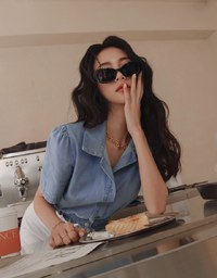 Button Front Cinched Waist Denim Jeans Crop Top
