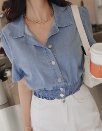 Button Front Cinched Waist Denim Jeans Crop Top
