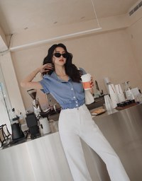 Button Front Cinched Waist Denim Jeans Crop Top
