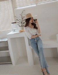 Sheer Gingham Hem Drawstring Pocket Blouse Shirt