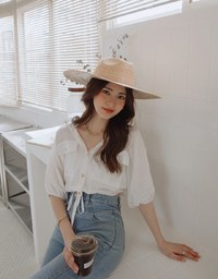 Sheer Gingham Hem Drawstring Pocket Blouse Shirt