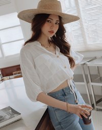 Sheer Gingham Hem Drawstring Pocket Blouse Shirt