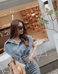 Casual Chic Drawstring Crop Denim Top