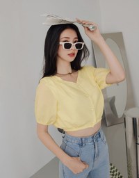 Whimsical Textured Cinched Waist Crop Top (With Shoulder Pads)