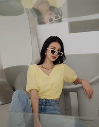 Whimsical Textured Cinched Waist Crop Top (With Shoulder Pads)