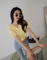 Whimsical Textured Cinched Waist Crop Top (With Shoulder Pads)
