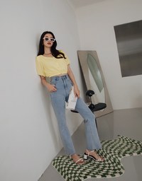 Whimsical Textured Cinched Waist Crop Top (With Shoulder Pads)