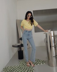 Whimsical Textured Cinched Waist Crop Top (With Shoulder Pads)
