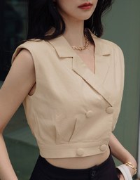 Smart Casual Cotton Linen Suit Collar Crop Top (With Shoulder Pads)