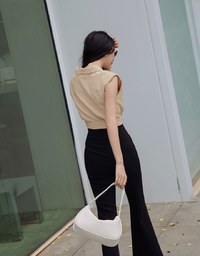 Smart Casual Cotton Linen Suit Collar Crop Top (With Shoulder Pads)