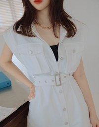 Smart Casual Sleeveless Button-Down Shirt Dress (With Belt)