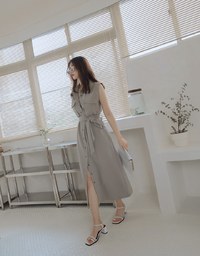 Smart Casual 2WAY Sleeveless Shirt Maxi Dress (With Sash)