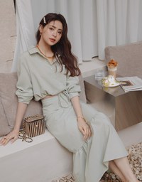 Elegant Drawstring Blouse Shirt + Peplum Maxi Skirt Set Wear