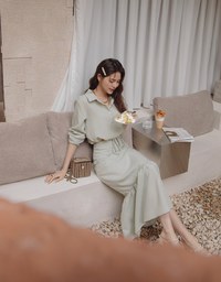 Elegant Drawstring Blouse Shirt + Peplum Maxi Skirt Set Wear