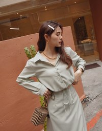Elegant Drawstring Blouse Shirt + Peplum Maxi Skirt Set Wear