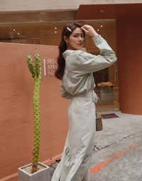 Elegant Drawstring Blouse Shirt + Peplum Maxi Skirt Set Wear