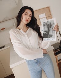 Wrinkled Sheer Collarless Shirt Set Wear