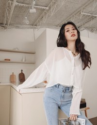 Wrinkled Sheer Collarless Shirt Set Wear