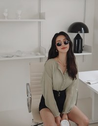 Wrinkled Sheer Collarless Shirt Set Wear