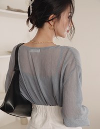 Wrinkled Sheer Collarless Shirt Set Wear