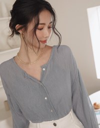 Wrinkled Sheer Collarless Shirt Set Wear