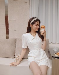 Vintage Wide Collar Detachable Shoulder Pads Jumpsuit (With Belt)