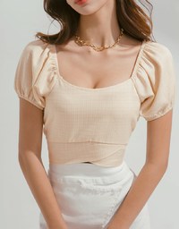 2WAY Fine Checkered Puff Sleeve Crop Top