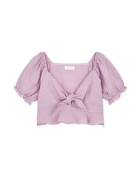 Fine Checkered Front Knot Puff Sleeve Crop Top