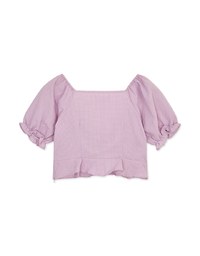 Fine Checkered Front Knot Puff Sleeve Crop Top