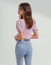 Fine Checkered Front Knot Puff Sleeve Crop Top
