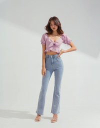 Fine Checkered Front Knot Puff Sleeve Crop Top