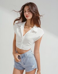 Micro-Permeable Pleated Lapel Crop Top