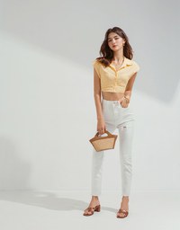 Micro-Permeable Pleated Lapel Crop Top