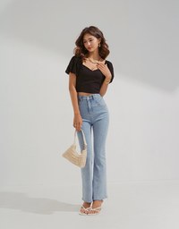 Retro Square Neck Puff Sleeves Crop Top