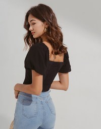 Retro Square Neck Puff Sleeves Crop Top
