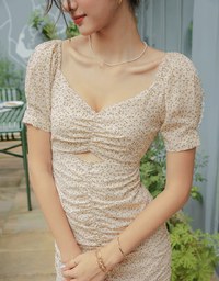 French Style Ditsy Floral Small Hollow Wrinkle Mini Dress