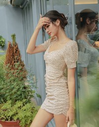French Style Ditsy Floral Small Hollow Wrinkle Mini Dress