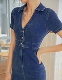 Deep V Lapel Fitted Short Denim Jeans Dress